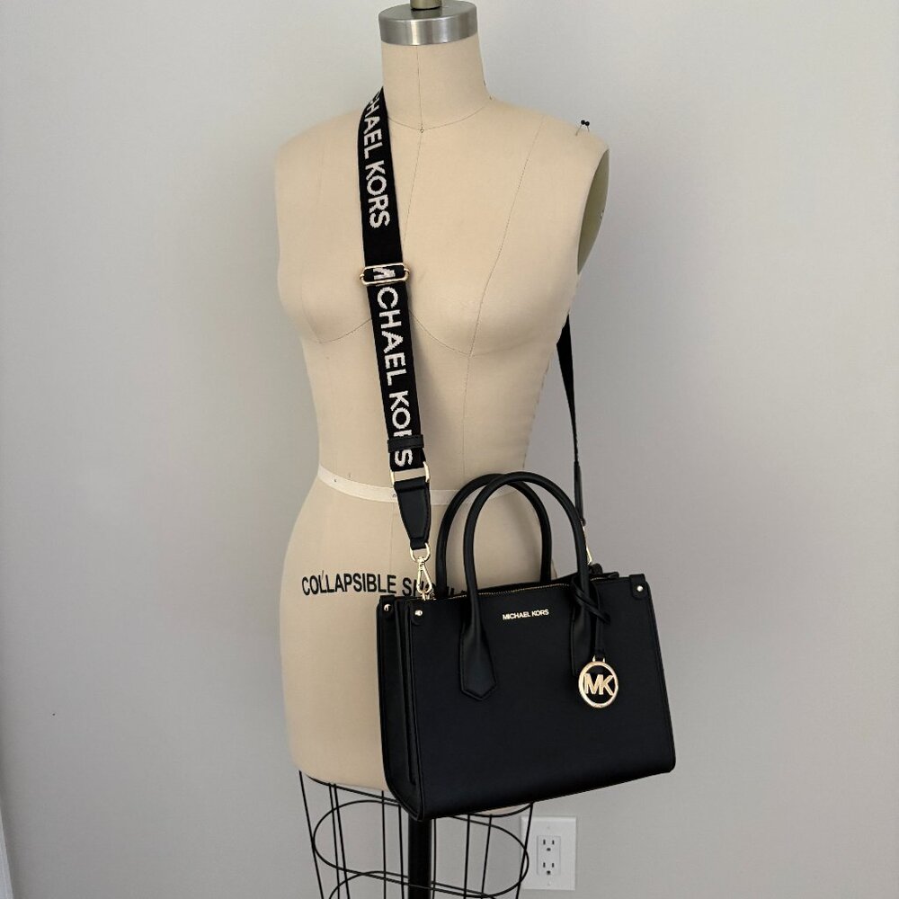 Michael Kors Sheila Small Satchel Black Vegan Leather Logo Strap Sporty Luxury